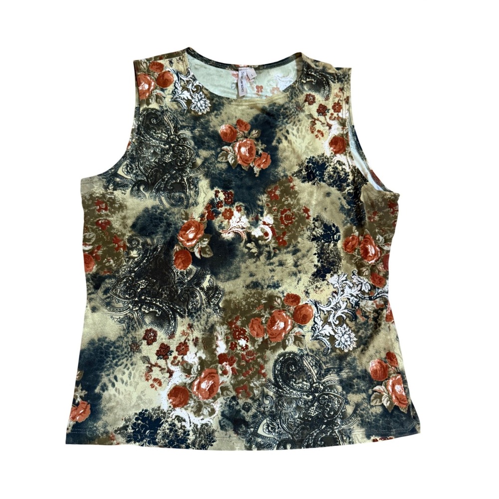 Susan Lawrence Floral Paisley Mixed Print Tank Top Olive Rust sz L